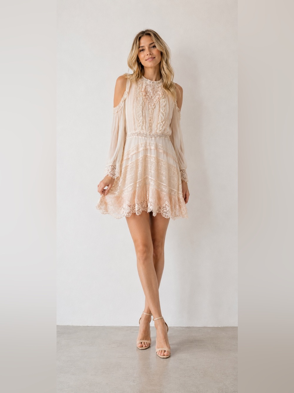 Love Sam Light Peach Lace & Crochet Cold Shoulder Mini Dress New Without Tags XS